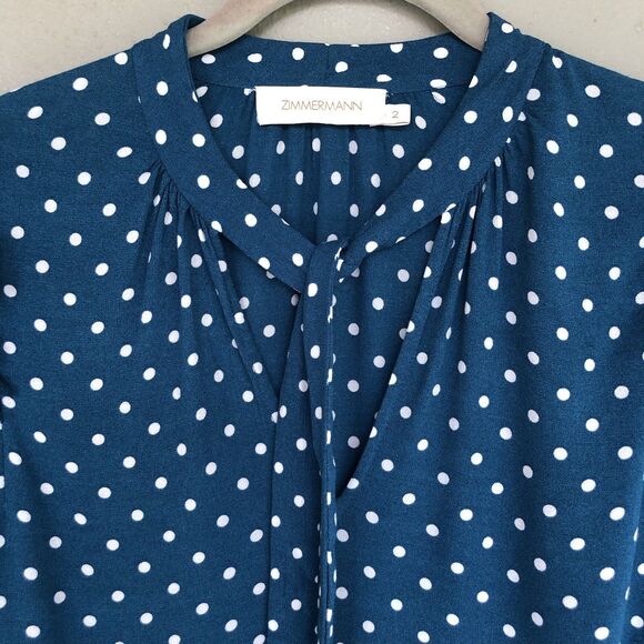 ZIMMERMAN Top Blouse Women’s 2/M Teal Polka Dot Tie Neck Ruffle Sleeve Boho Chic - Picture 3 of 14